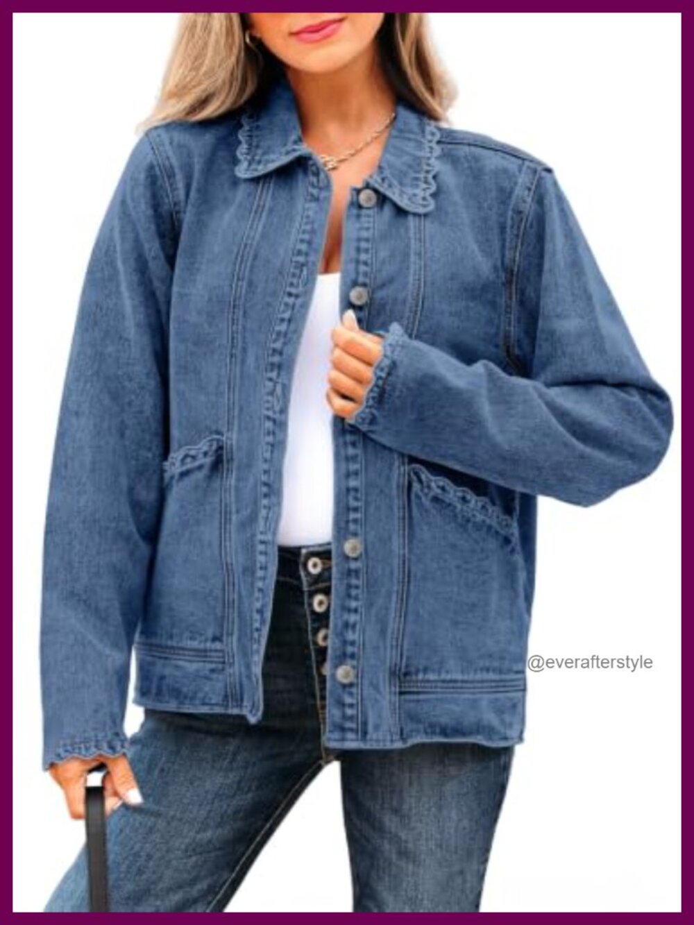 Oversized Ruffle Denim Jacket Button Down Long Sleeve Shacket